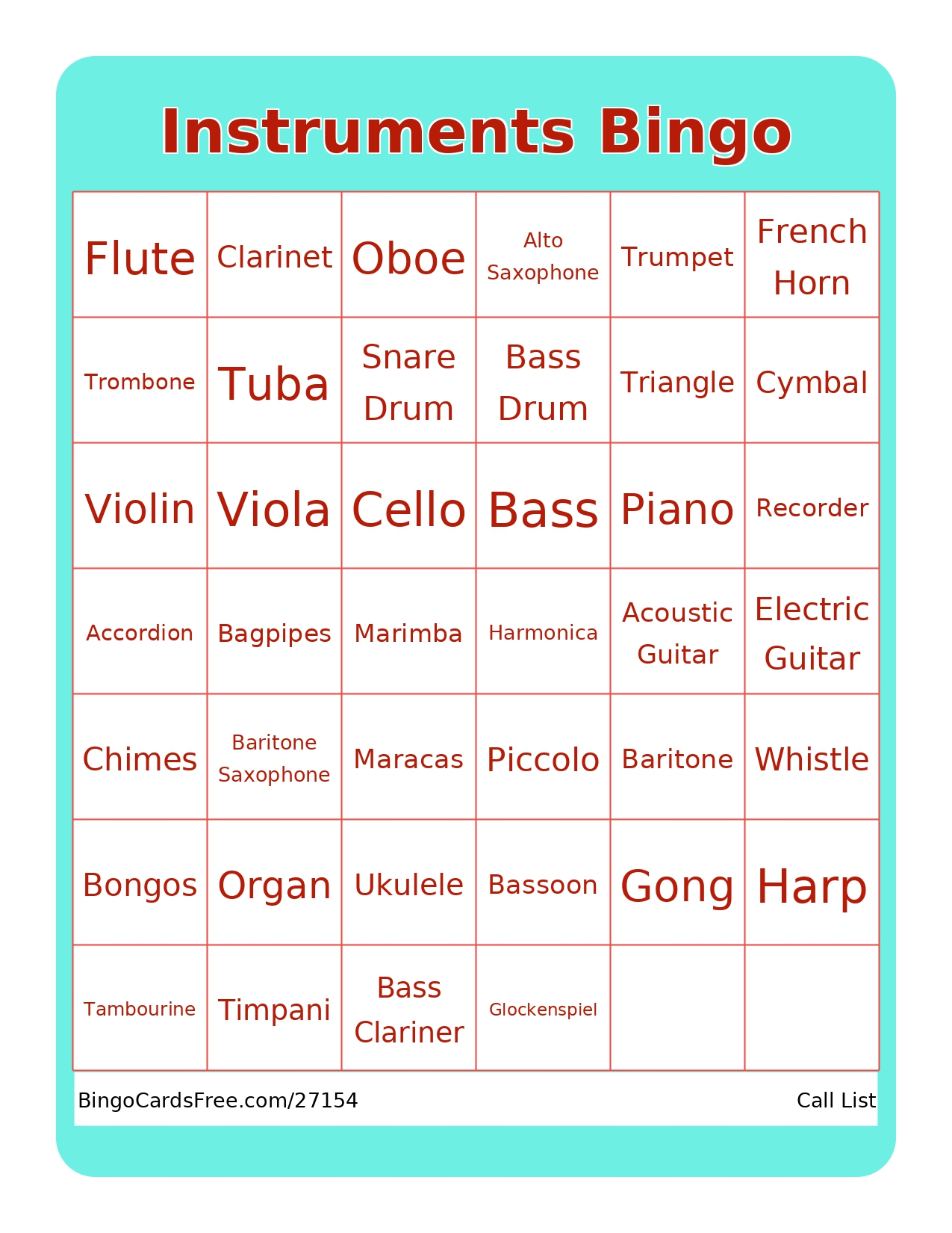 Instruments bingo worksheet